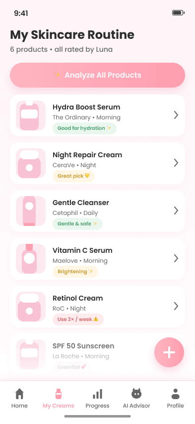 LunaGlow My Creams screen listing scanned skincare products